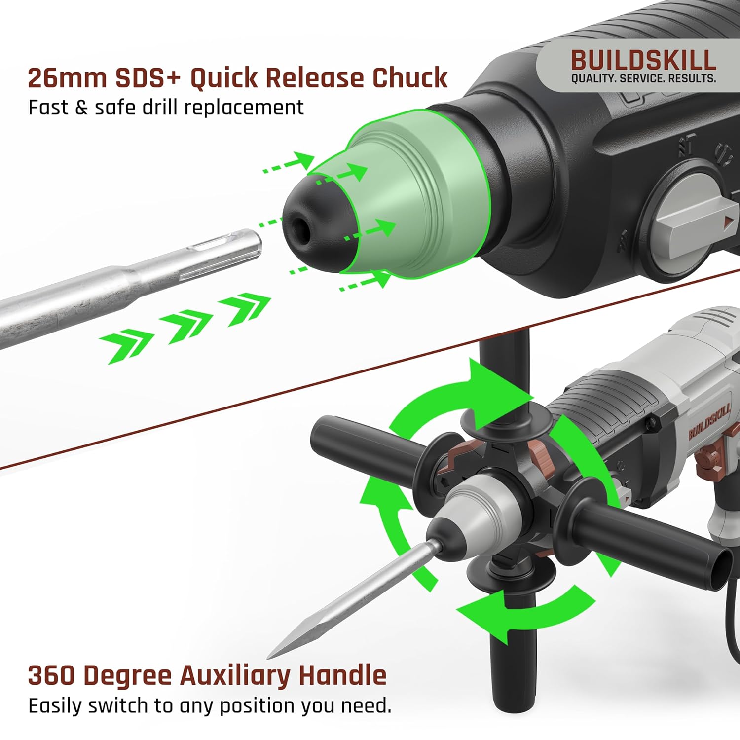 BUILDSKILL 850W Rotary Hammer Drill | 1100 RPM Copper Motor | 26mm SDS+ Chuck | 4900 BPM | 4 Modes| 3J Impact | Variable Speed | with 6/8/10mm Bits + Pointed & Flat Bits for Concrete, Metal & Wood