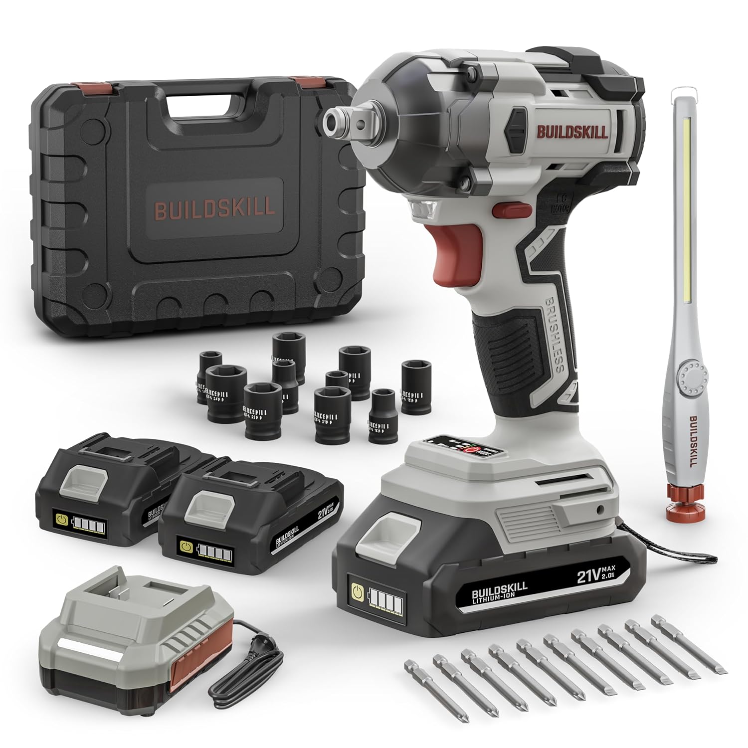 BUILDSKILL 21V - 1/2" 400NM BLDC Cordless Impact Wrench Set | 2 x 2.0Ah Battery | 10 Pcs Socket + 10 Pcs Screwdriver Bit | LED Light | 3400-4500 RPM | 2800-3200 Impact Rate | 2.0A Fast Charger