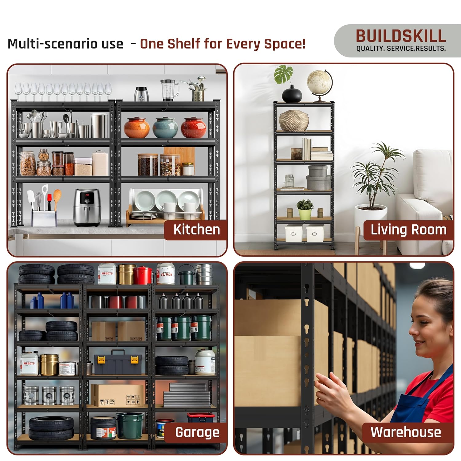 BUILDSKILL 6-Tier Multipurpose Storage Rack | Bolt-Free Assembly | Black Powder-Coated Galvanized Metal | Thick MDF Board | 175Kg Capacity Per Shelf | 170x70x30cm Adjustable Shelf Rack for Home & Shop