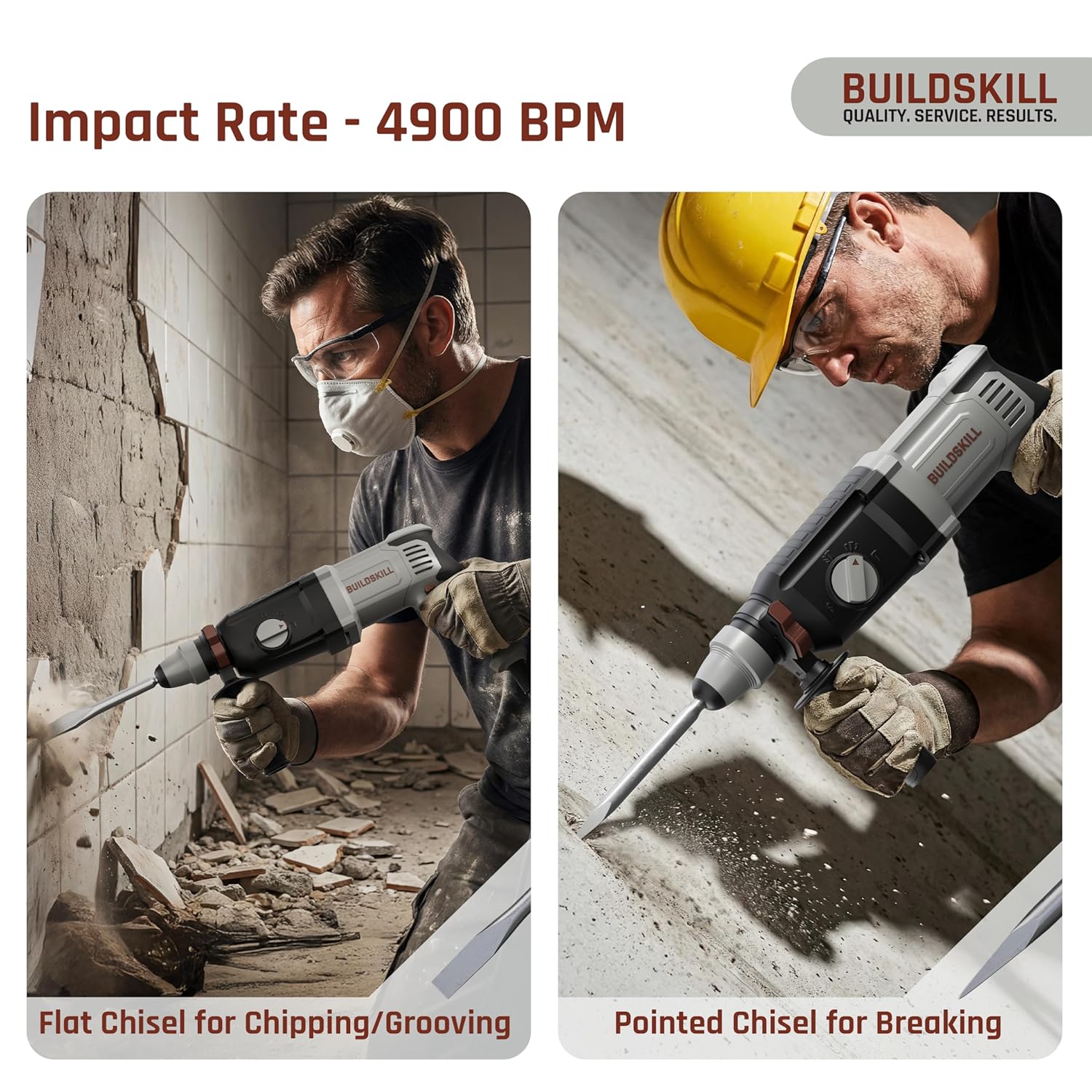 BUILDSKILL 850W Rotary Hammer Drill | 1100 RPM Copper Motor | 26mm SDS+ Chuck | 4900 BPM | 4 Modes| 3J Impact | Variable Speed | with 6/8/10mm Bits + Pointed & Flat Bits for Concrete, Metal & Wood