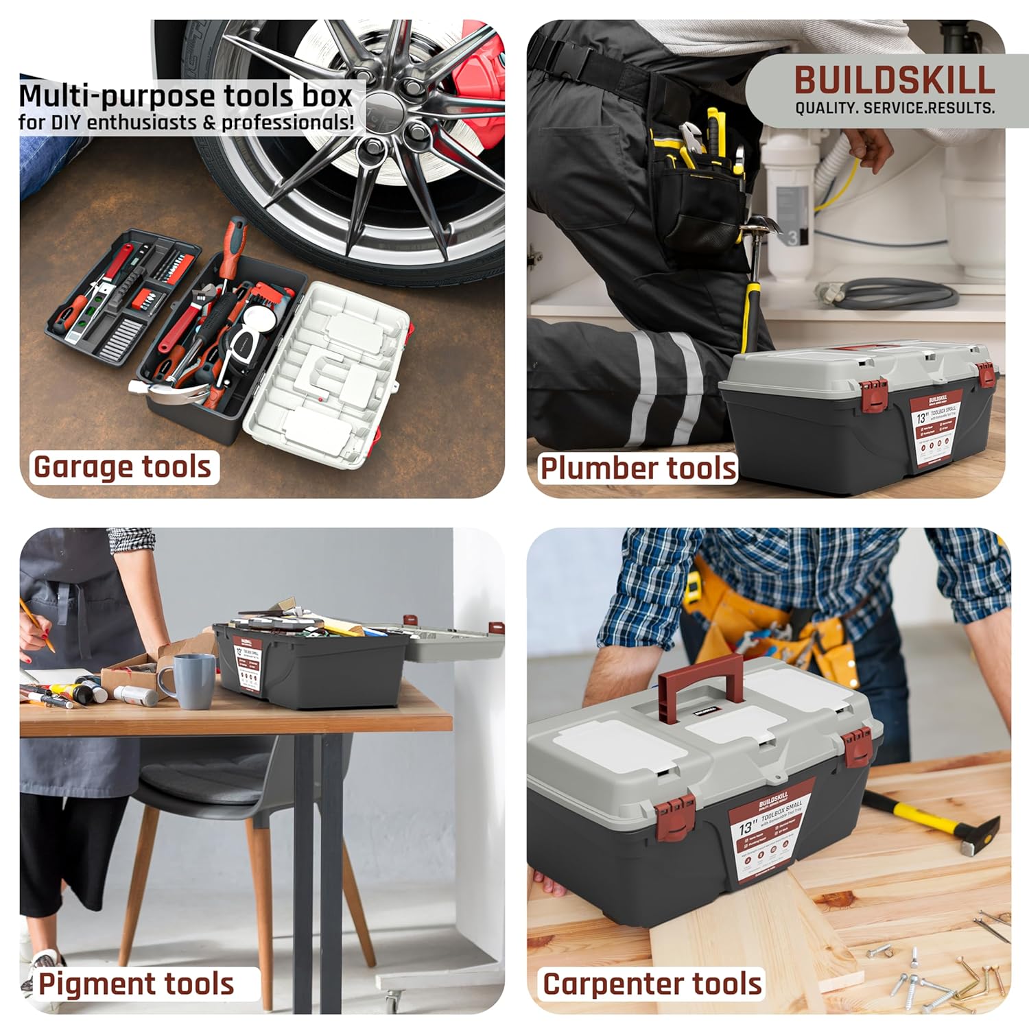 BUILDSKILL 13" Small Tool Box for Home | Convenient Top Lids & Removable Tool Tray | Secure Latch Lock | Key Hole | Heavy Duty Impact Resistant Body | Ideal Repair Toolbox for DIY & Professional Use