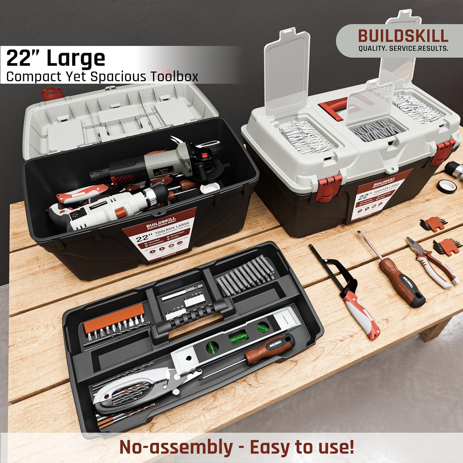 BUILDSKILL 22" Large Tool Box for Home | Convenient Top Lids & Removable Tool Tray | Secure Latch Lock | Key Hole | Heavy Duty Impact Resistant Body | Ideal Repair Toolbox for DIY & Professional Use