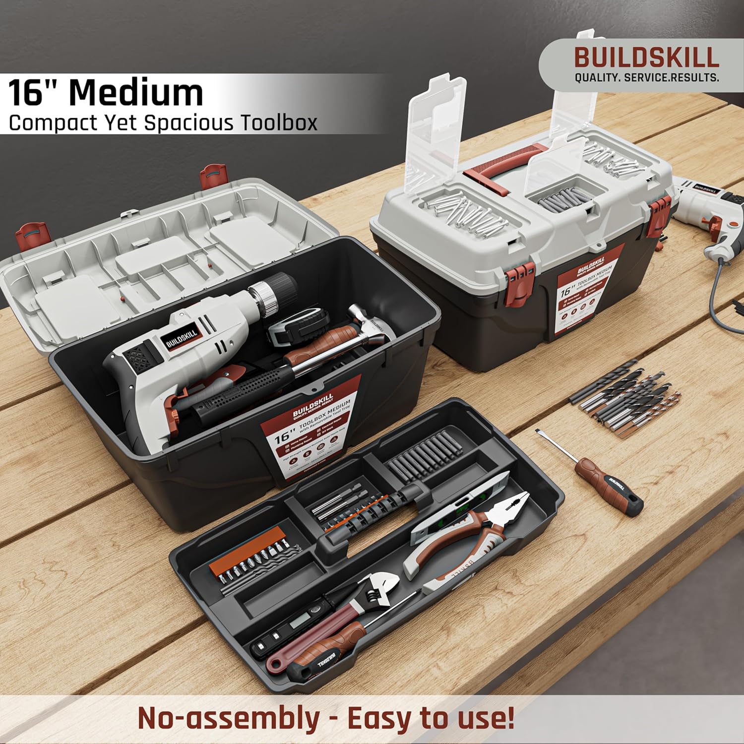 BUILDSKILL 16" Medium Tool Box for Home | Convenient Top Lids & Removable Tool Tray | Secure Latch Lock | Key Hole | Heavy Duty Impact Resistant Body | Ideal Repair Toolbox for DIY & Professional Use