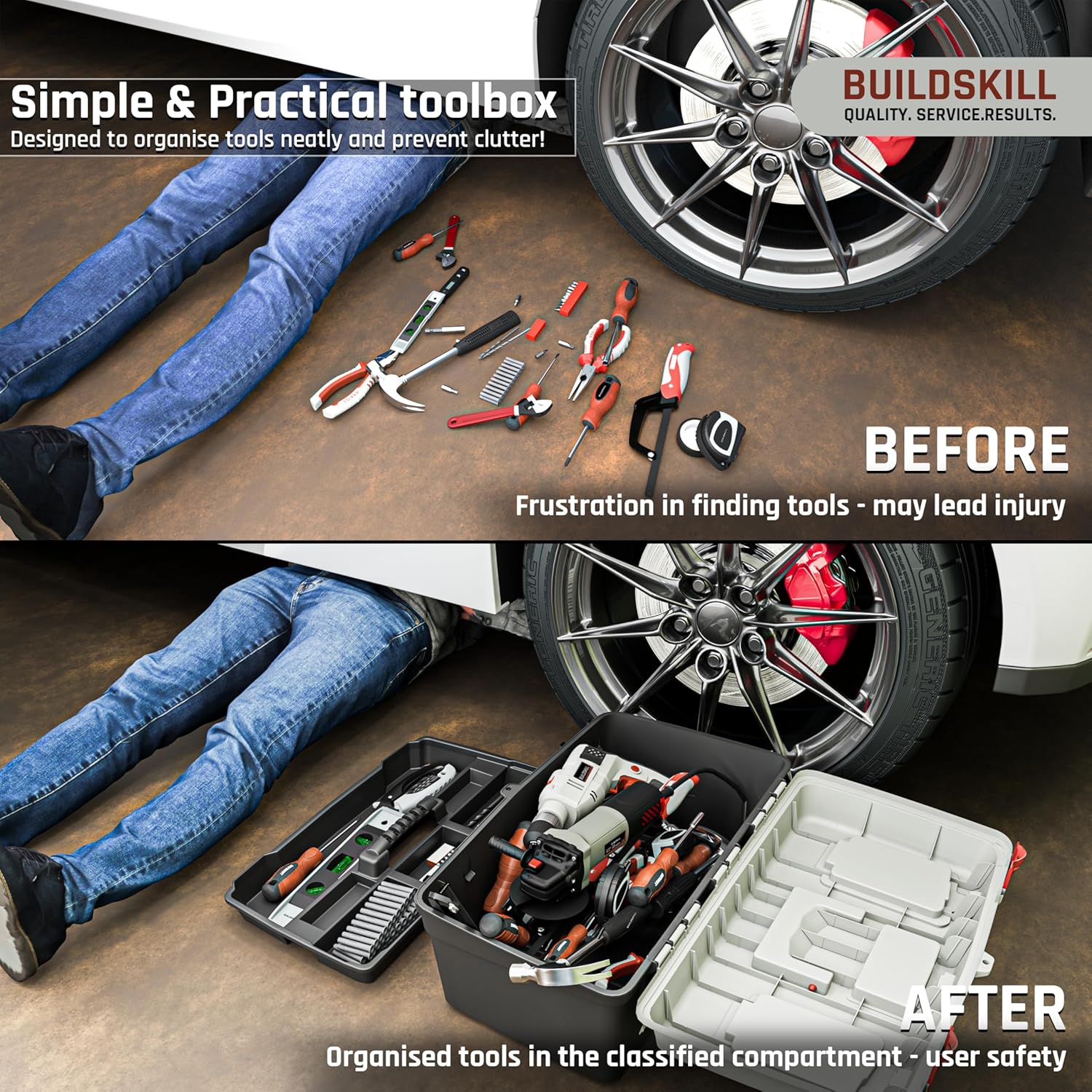 BUILDSKILL 22" Large Tool Box for Home | Convenient Top Lids & Removable Tool Tray | Secure Latch Lock | Key Hole | Heavy Duty Impact Resistant Body | Ideal Repair Toolbox for DIY & Professional Use