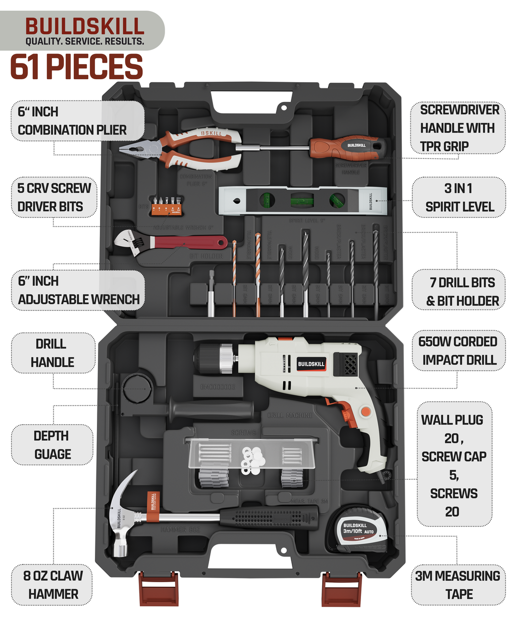 Buildrite Power Tools Buildskill 61 Pcs Power Drill Tool Kit With 650W Impact Drill Machine