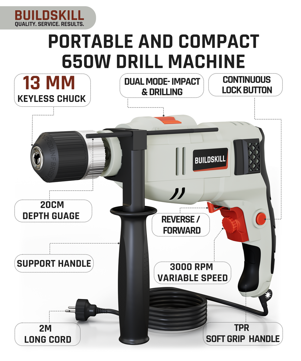 Buildrite Power Tools Buildskill 61 Pcs Power Drill Tool Kit With 650W Impact Drill Machine