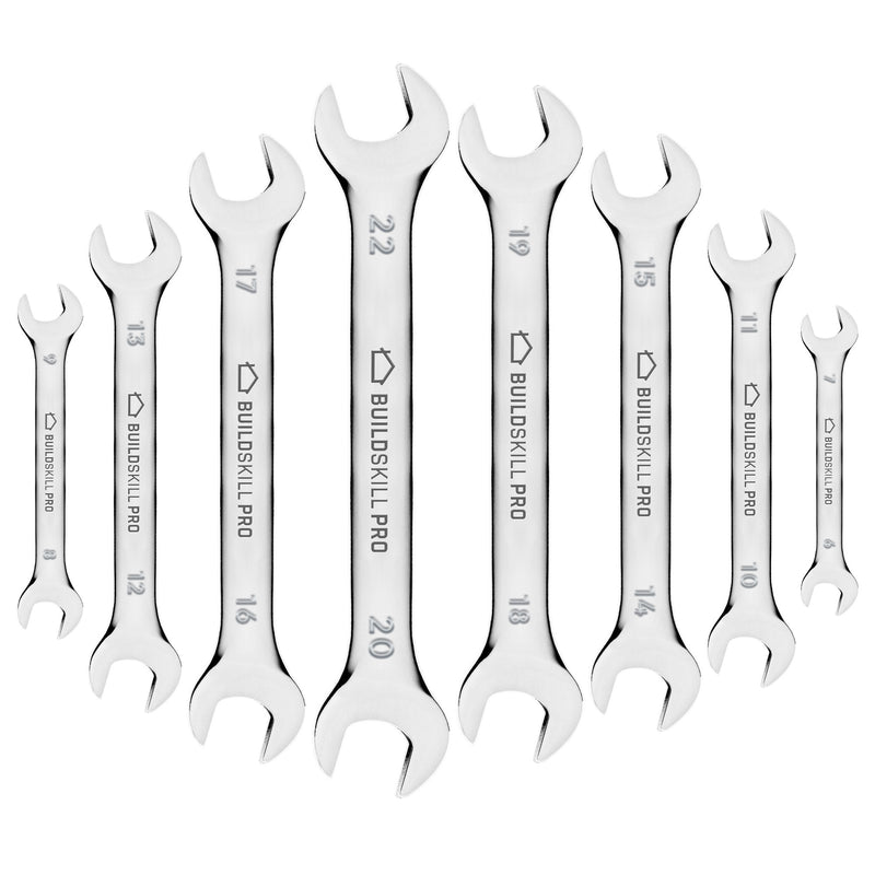BUILDSKILL Pro BES8DOE Double Open End Wrench/Spanner Set, Chrome Vanadium Steel, Mirror Chrome Finish, Rust Resistant, Long Pattern Design with Rack Organizer, (Pack of 8)
