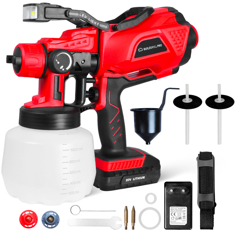 Buildskill Pro Cordless BPS3300 HLVP Paint Sprayer/Spray Painting Machine with LED Light, 750W, 32000RPM, 1200ML Paint Reservoir for DIY Painting Job with 3 Spray Patterns & 3 Nozzles. (Red)