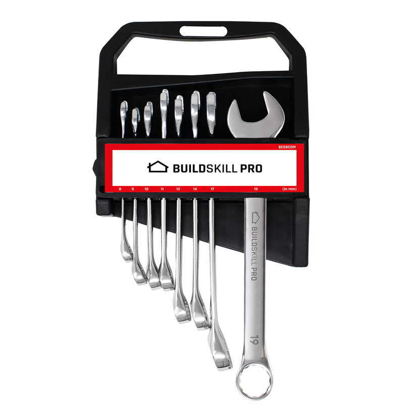 BUILDSKILL Pro BES8COM Combination Wrench/Spanner Set, Chrome Vanadium Steel, Mirror Chrome Finish, Rust Resistant, Long Pattern Design with Storage Rack,Sizes 8, 9, 10, 11,13, 14, 17, 19mm(Pack of 8)