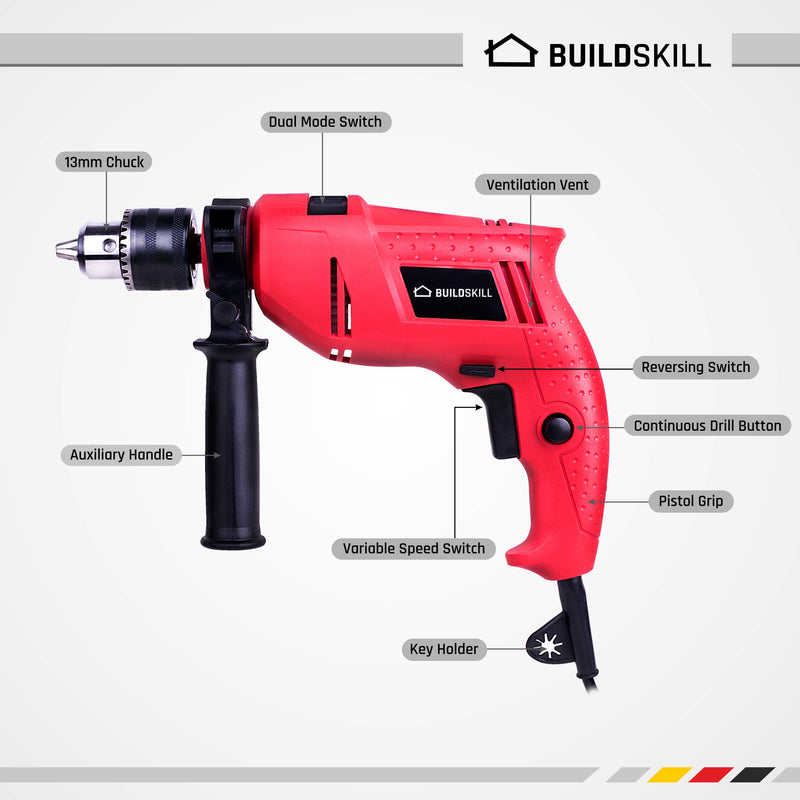 Buildskill Pro BGSB13REC1 13mm Impact Drill Machine Combo with Drill Bits, Screwdriver, Chuck Key, Powerful Motor 500W 2800RPM, Dual Mode Switch, Forward/Reverse with Variable Speed For Drilling Wood, Steel & Masonry (Red)