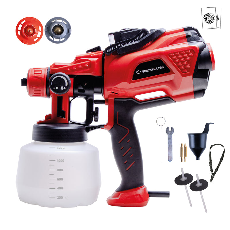 Buildskill Pro BPS2300 HLVP Paint Sprayer/Spray Painting Machine with LED Light, 750W, 32000RPM, 1200ML Paint Reservoir for The DIY Painting Job with 3 Spray Patterns & 3 Nozzles. (Red)